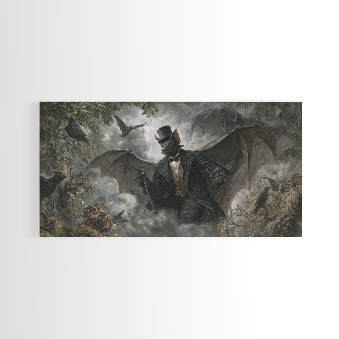 The Bat Umbrella Salesman, Baroque Witchcraft Art, Wide Panoramic Art, Dark Fantasy Wall Art, Canvas Print, Halloween Wall Art