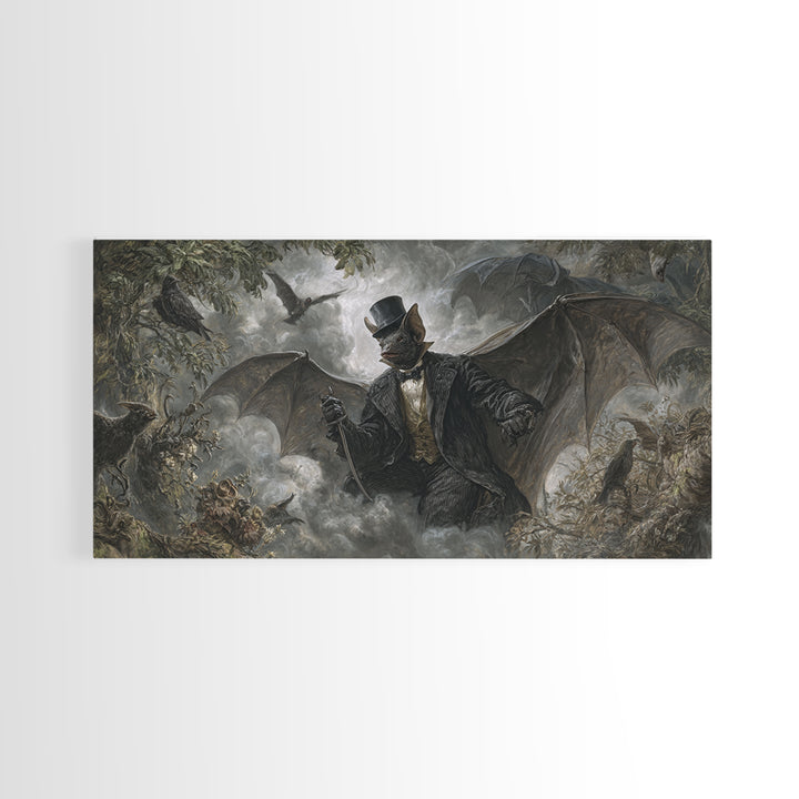 The Bat Umbrella Salesman, Baroque Witchcraft Art, Wide Panoramic Art, Dark Fantasy Wall Art, Canvas Print, Halloween Wall Art