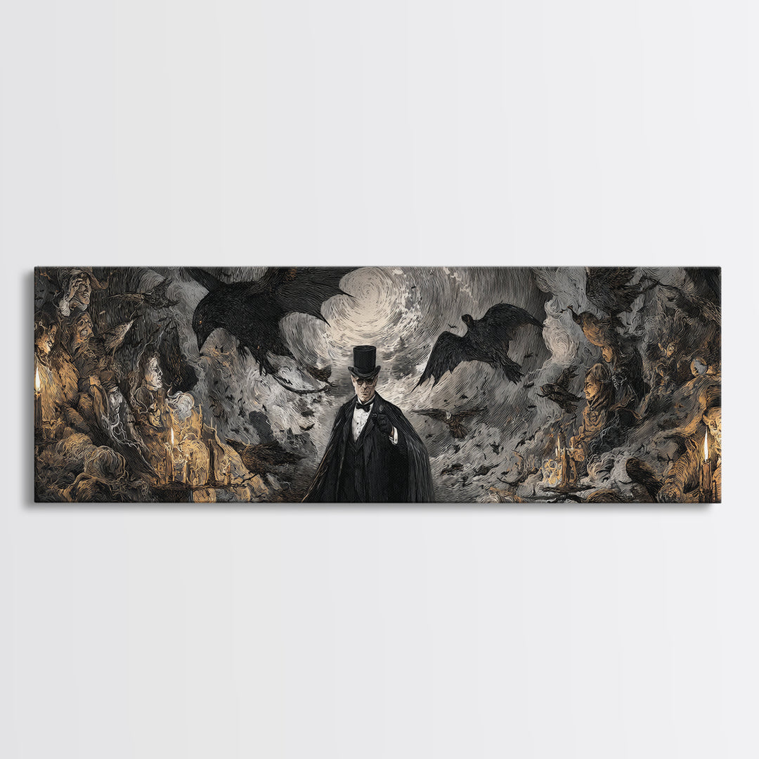 The Bat Umbrella Salesman, Dark Romantic Horror Art, Extra Wide Wall Art, Dark Halloween Decor, Canvas Print, Halloween Wall Art