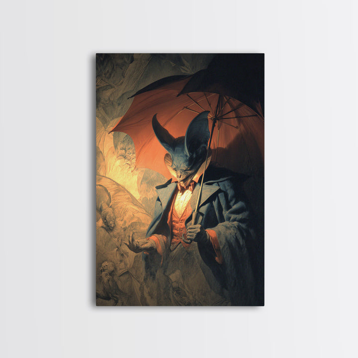 The Bat Umbrella Salesman, Gothic Nightmare Art, Vertical Wall Art, Dark Halloween Decor, Canvas Print, Halloween Wall Art