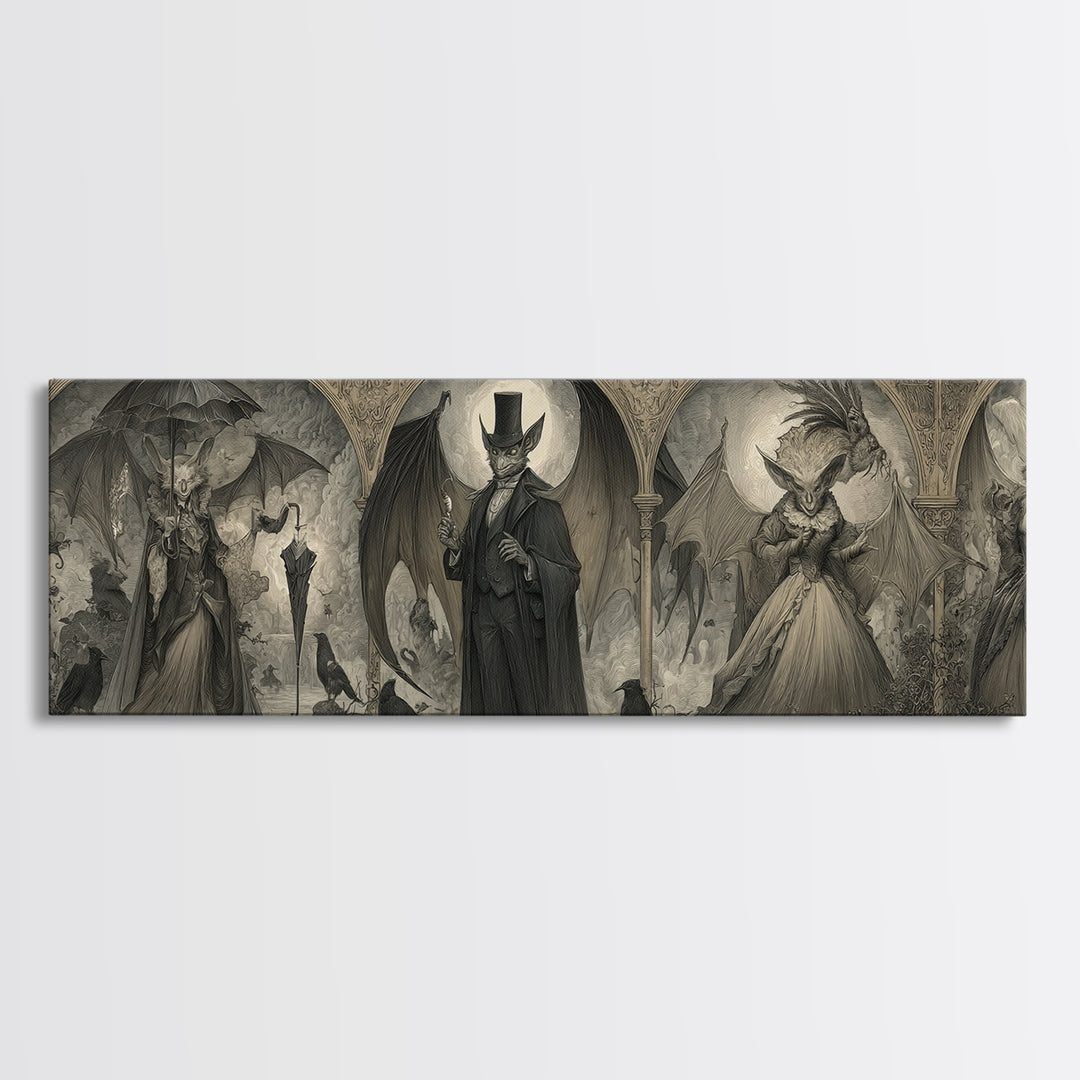 The Bat Umbrella Salesman, Visionary Gothic Art, Extra Wide Wall Art, Dark Halloween Decor, Framed Canvas Print, Halloween Wall Art