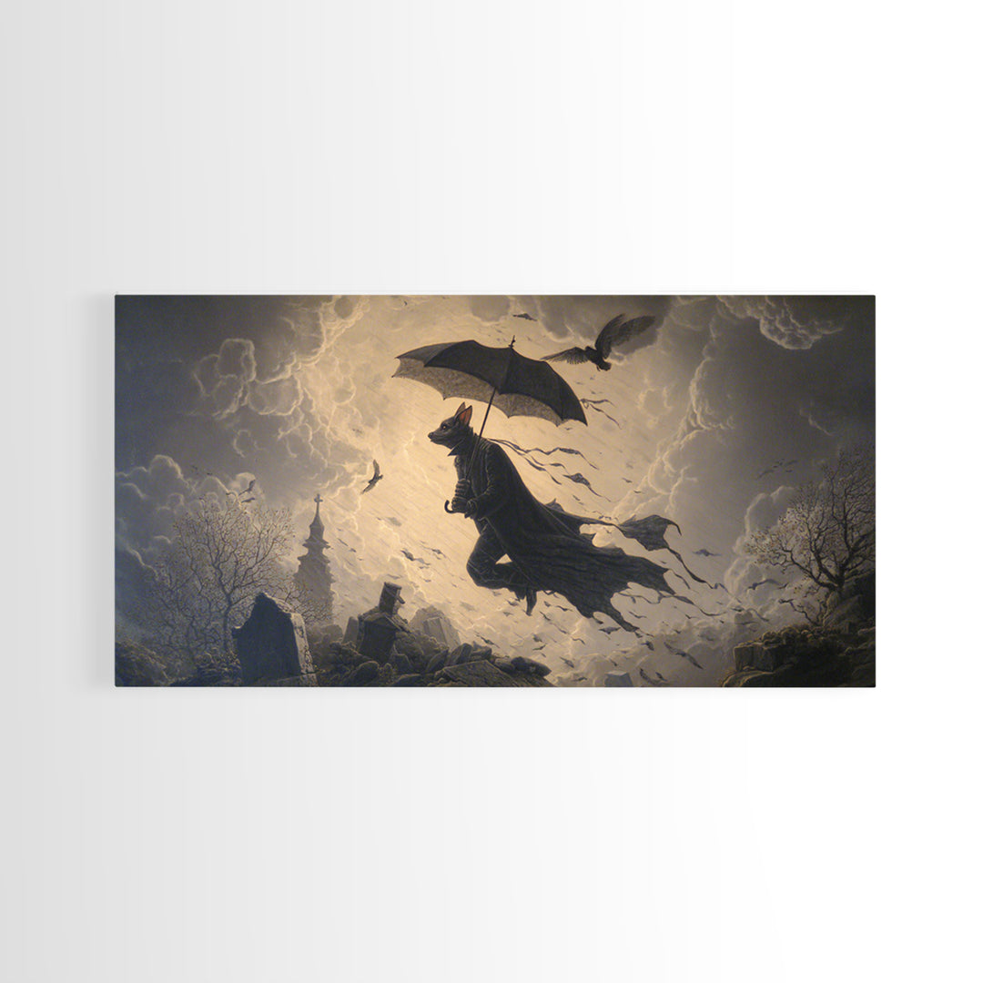 The Bat Umbrella Salesman, Romantic Gothic Landscape, Wide Panoramic Art, Dark Fantasy Wall Art, Canvas Print, Halloween Wall Art