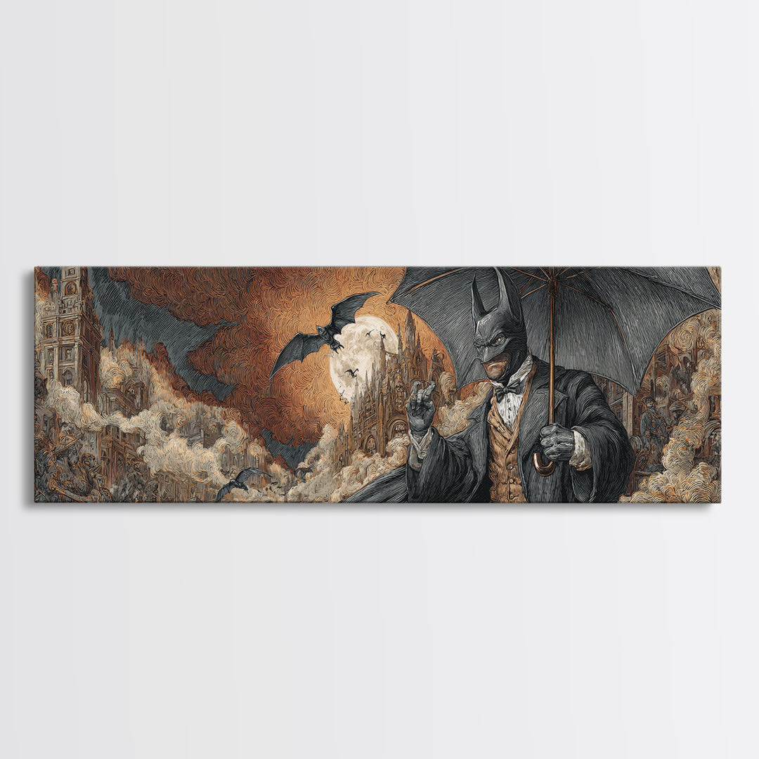 The Bat Umbrella Salesman, Apocalyptic Romantic Art, Extra Wide Wall Art, Macabre Wall Art, Framed Canvas Print, Halloween Wall Art