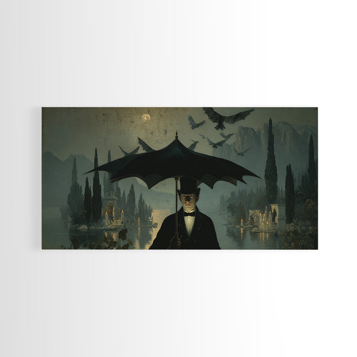 The Bat Umbrella Salesman, Symbolist Gothic Landscape, Wide Panoramic Art, Dark Halloween Decor, Canvas Print, Halloween Wall Art