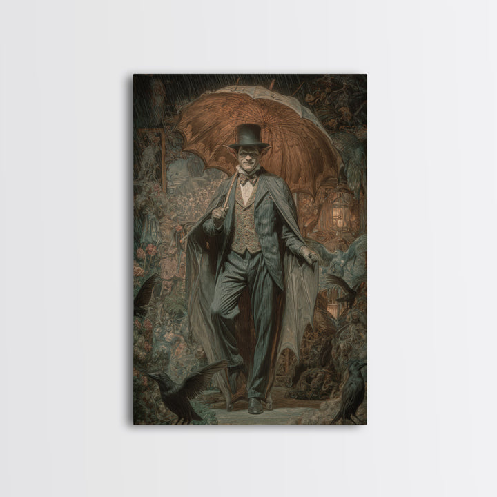 The Bat Umbrella Salesman, Ornate Symbolist Art, Vertical Wall Art, Gothic Horror Wall Art, Framed Canvas Print, Halloween Wall Art