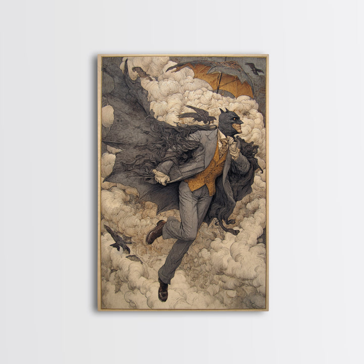 The Bat Umbrella Salesman, Symbolist Death Art, Vertical Wall Art, Dark Fantasy Wall Art, Canvas Print, Halloween Wall Art