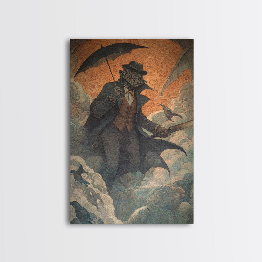 The Bat Umbrella Salesman, Dark Symbolist Art, Vertical Wall Art, Gothic Horror Wall Art, Canvas Print, Halloween Wall Art