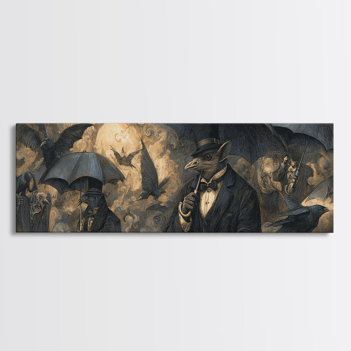 The Bat Umbrella Salesman, Expressionist Nightmare Art, Extra Wide Wall Art, Gothic Horror Wall Art, Canvas Print, Halloween Wall Art