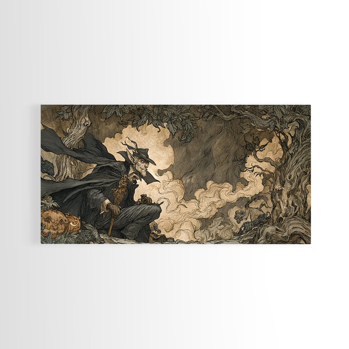 The Bat Umbrella Salesman, Gothic Storybook Art, Wide Panoramic Art, Dark Fantasy Wall Art, Framed Canvas Print, Halloween Wall Art