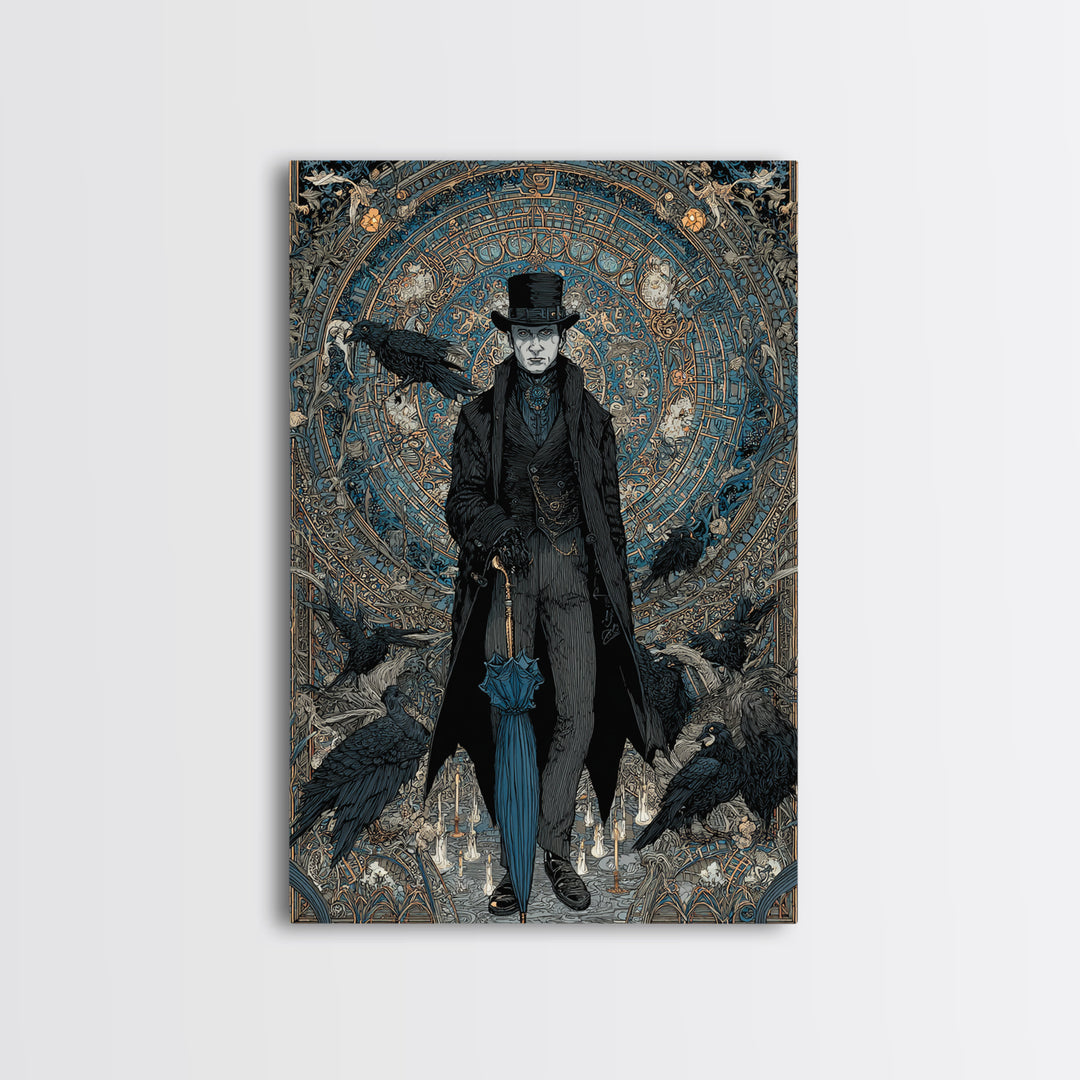 The Bat Umbrella Salesman, Stained Glass Gothic Art, Vertical Wall Art, Macabre Wall Art, Canvas Print, Halloween Wall Art, Halloween Decor