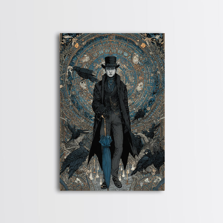 The Bat Umbrella Salesman, Stained Glass Gothic Art, Vertical Wall Art, Macabre Wall Art, Canvas Print, Halloween Wall Art, Halloween Decor