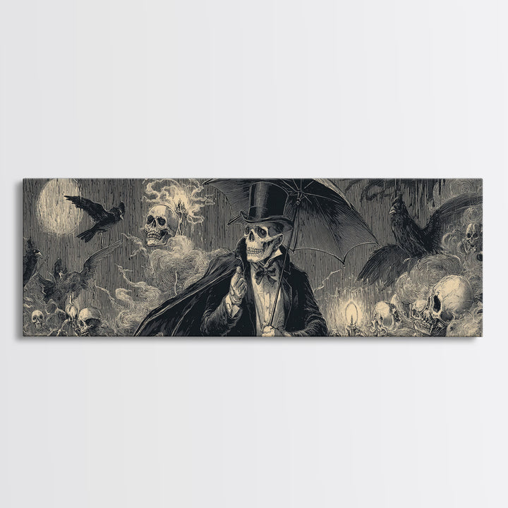 The Bat Umbrella Salesman, Macabre Folk Print Art, Extra Wide Wall Art, Dark Fantasy Wall Art, Canvas Print, Halloween Wall Art