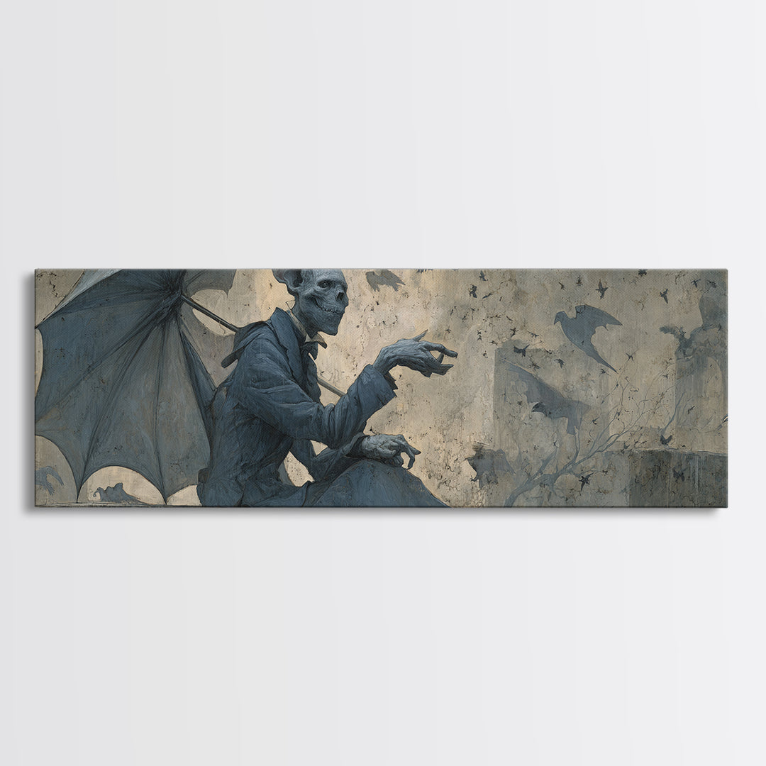 The Bat Umbrella Salesman, Surreal Apocalyptic Art, Extra Wide Wall Art, Macabre Wall Art, Framed Canvas Print, Halloween Wall Art