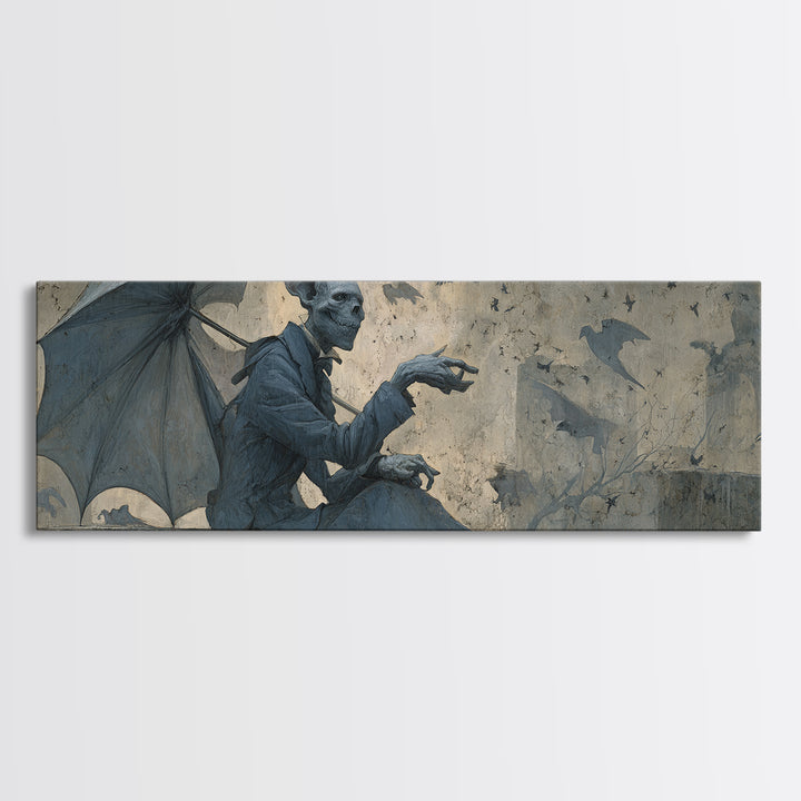 The Bat Umbrella Salesman, Surreal Apocalyptic Art, Extra Wide Wall Art, Macabre Wall Art, Framed Canvas Print, Halloween Wall Art
