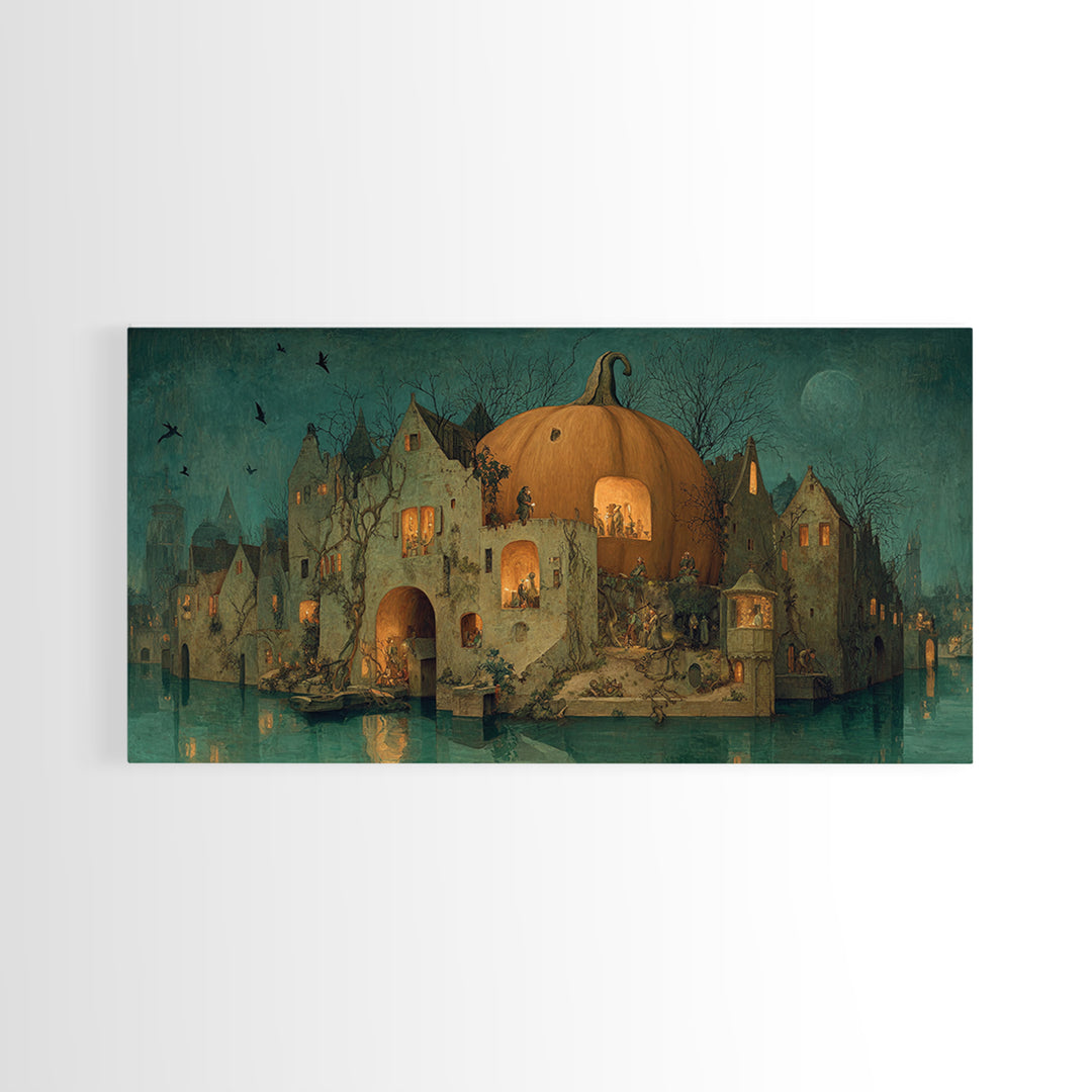 The Pumpkin-House Neighborhood, Medieval Grotesque Art, Wide Panoramic Art, Macabre Wall Art, Framed Canvas Print, Halloween Wall Art