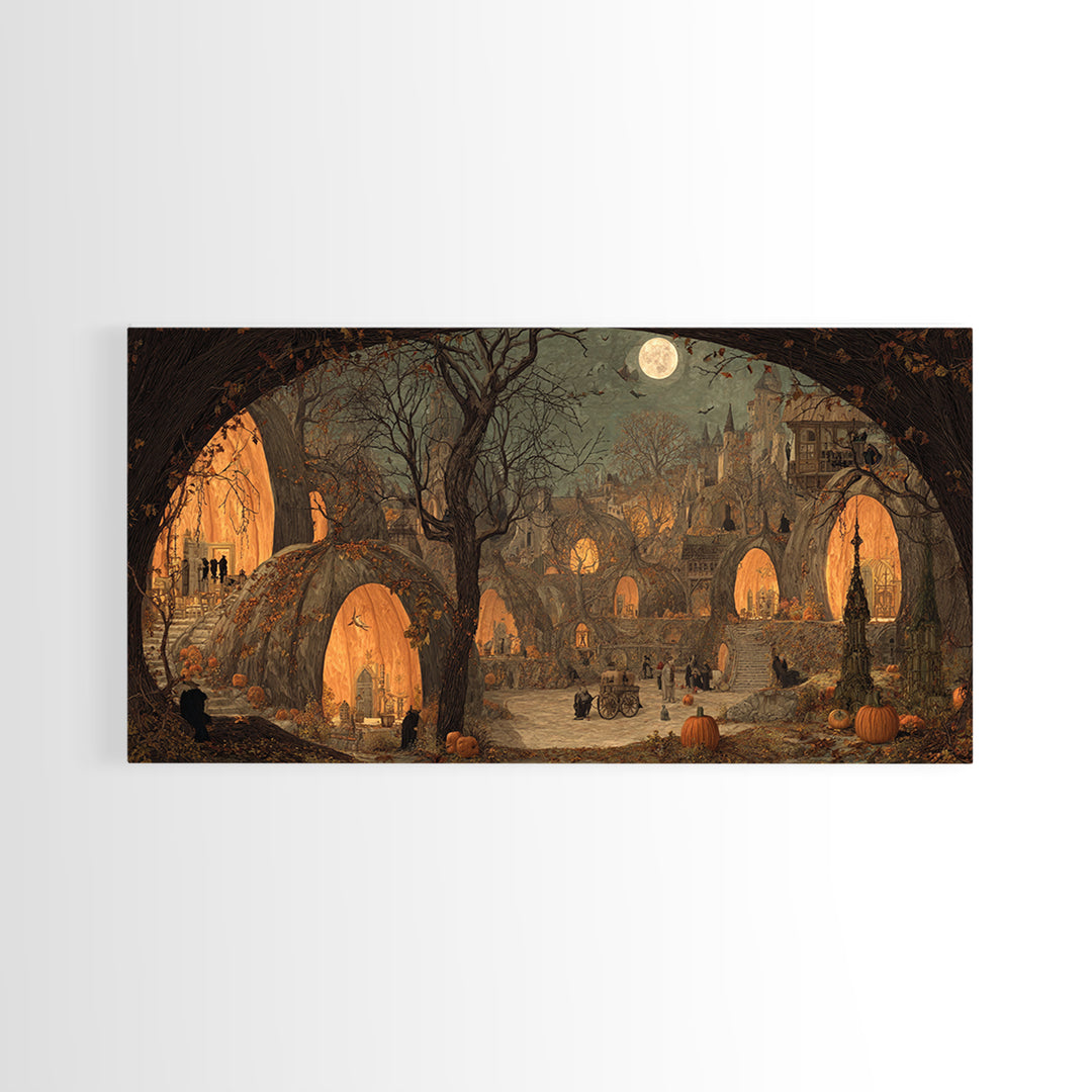 The Pumpkin-House Neighborhood, Northern Renaissance Horror, Wide Panoramic Art, Dark Fantasy Wall Art, Framed Canvas Print