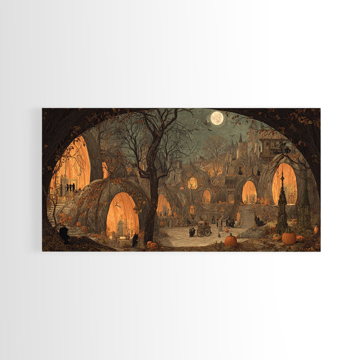 The Pumpkin-House Neighborhood, Northern Renaissance Horror, Wide Panoramic Art, Dark Fantasy Wall Art, Framed Canvas Print