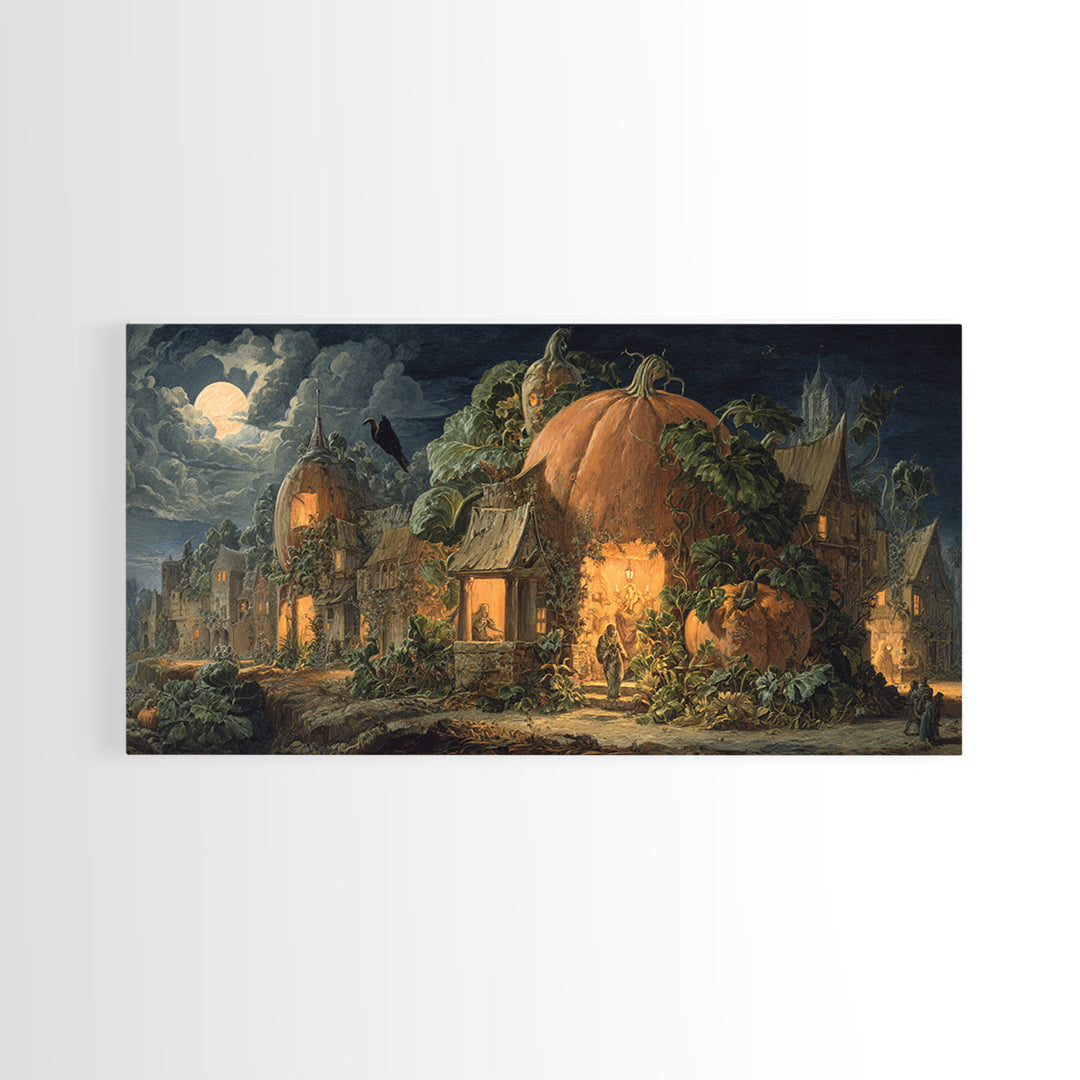The Pumpkin-House Neighborhood, Dark Renaissance Art, Wide Panoramic Art, Dark Halloween Decor, Framed Canvas Print