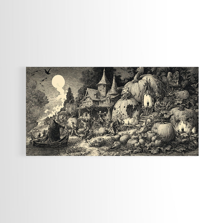 The Pumpkin-House Neighborhood, Renaissance Engraving Art, Wide Panoramic Art, Dark Halloween Decor, Canvas Print, Halloween Wall Art