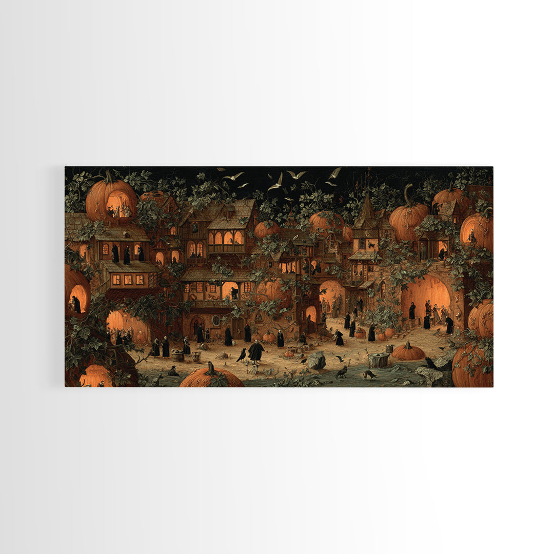 The Pumpkin-House Neighborhood, Danse Macabre Art, Wide Panoramic Art, Macabre Wall Art, Framed Canvas Print