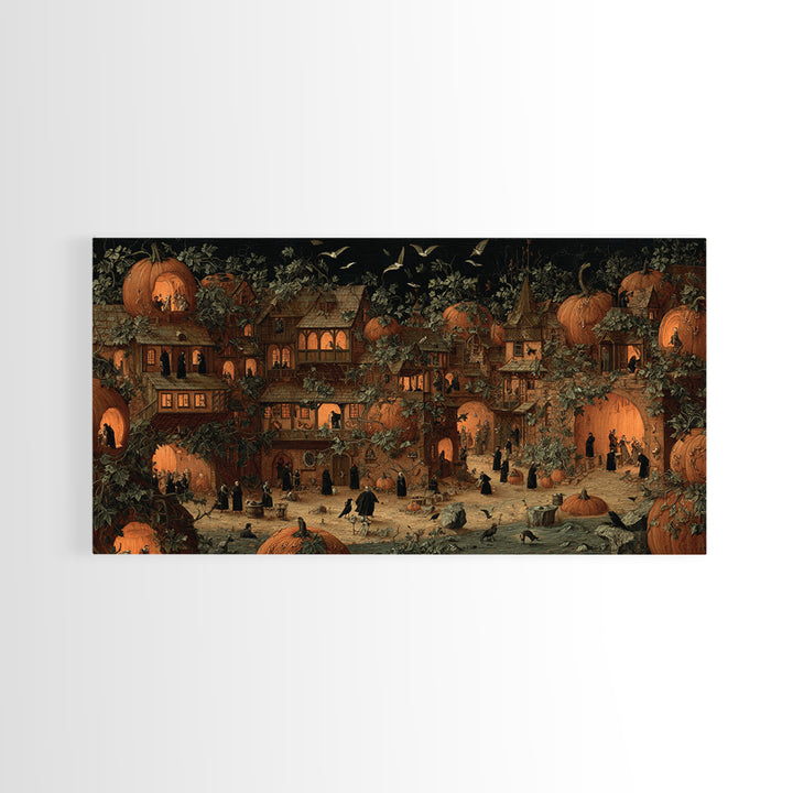 The Pumpkin-House Neighborhood, Danse Macabre Art, Wide Panoramic Art, Macabre Wall Art, Framed Canvas Print
