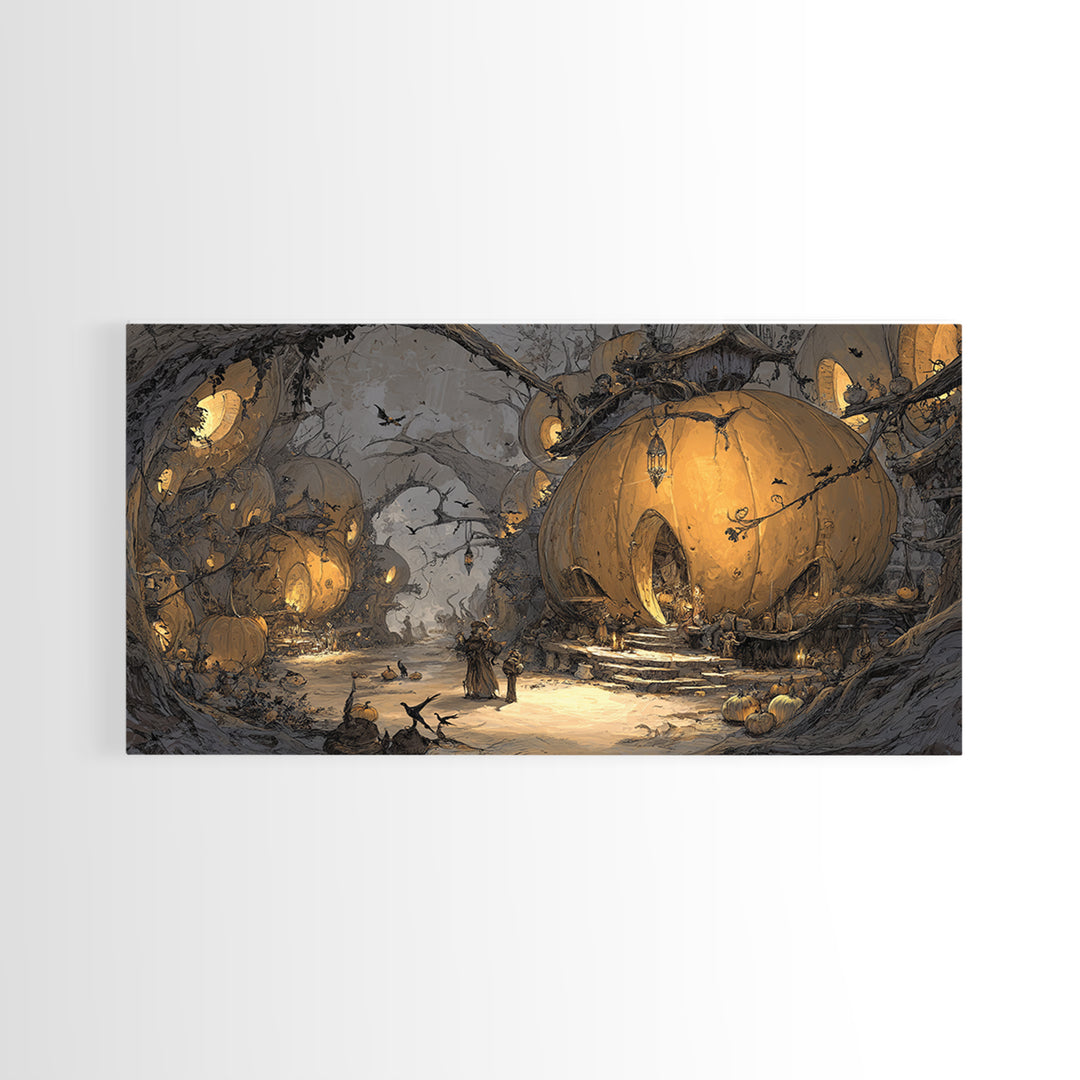 The Pumpkin-House Neighborhood, Baroque Witchcraft Art, Wide Panoramic Art, Dark Halloween Decor, Framed Canvas Print