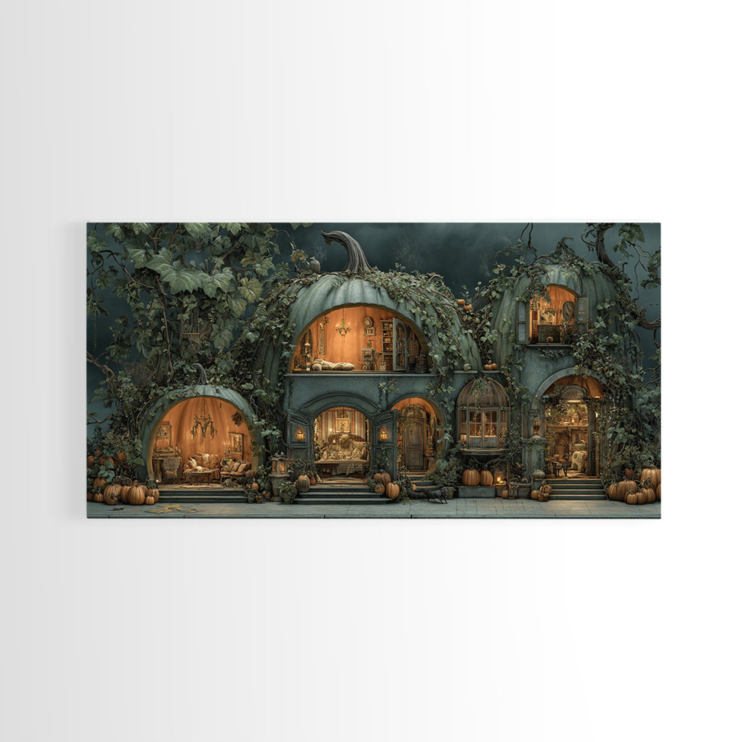 The Pumpkin-House Neighborhood, Gothic Nightmare Art, Wide Panoramic Art, Dark Halloween Decor, Canvas Print, Halloween Wall Art