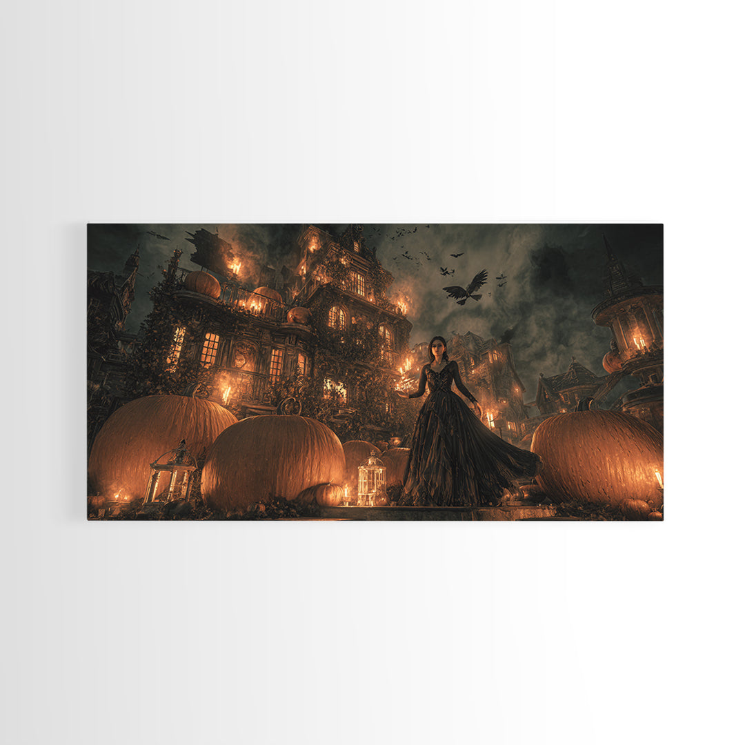 The Pumpkin-House Neighborhood, Visionary Gothic Art, Wide Panoramic Art, Macabre Wall Art, Framed Canvas Print, Halloween Wall Art