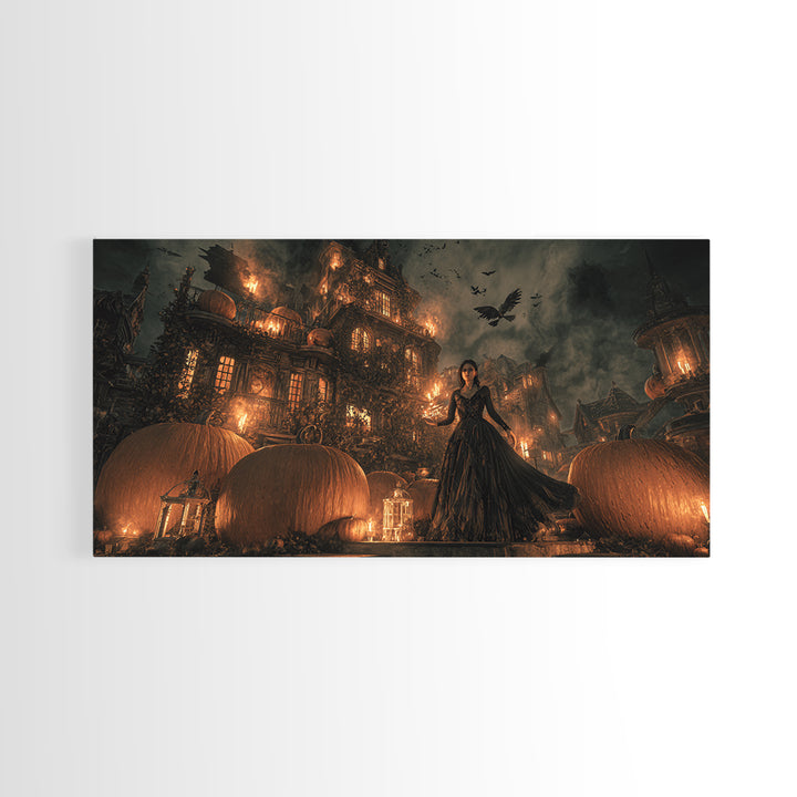 The Pumpkin-House Neighborhood, Visionary Gothic Art, Wide Panoramic Art, Macabre Wall Art, Framed Canvas Print, Halloween Wall Art