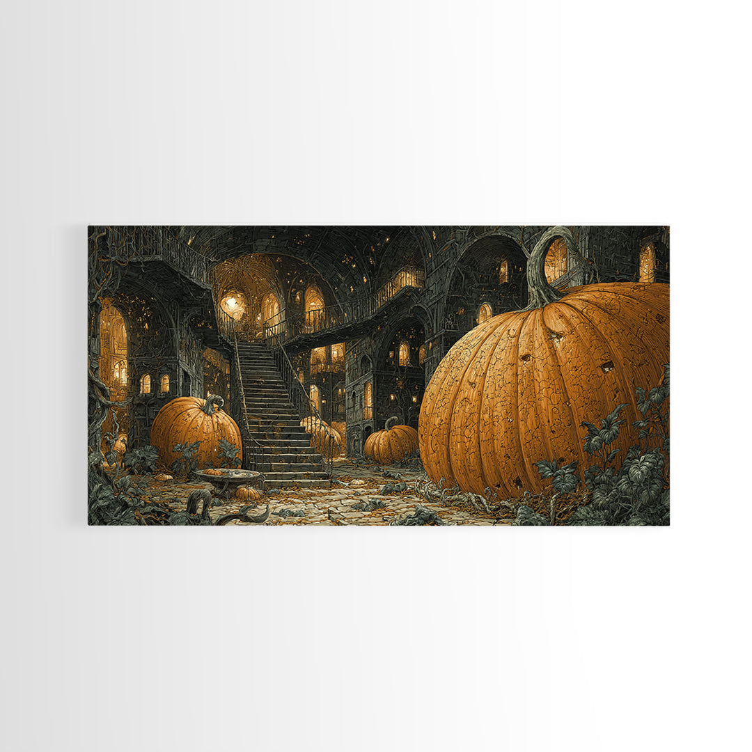 The Pumpkin-House Neighborhood, Architectural Etching Art, Wide Panoramic Art, Gothic Horror Wall Art, Canvas Print