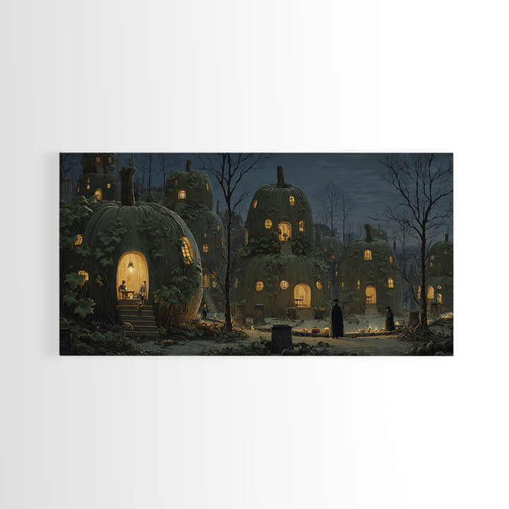 The Pumpkin-House Neighborhood, Romantic Gothic Landscape, Wide Panoramic Art, Macabre Wall Art, Framed Canvas Print