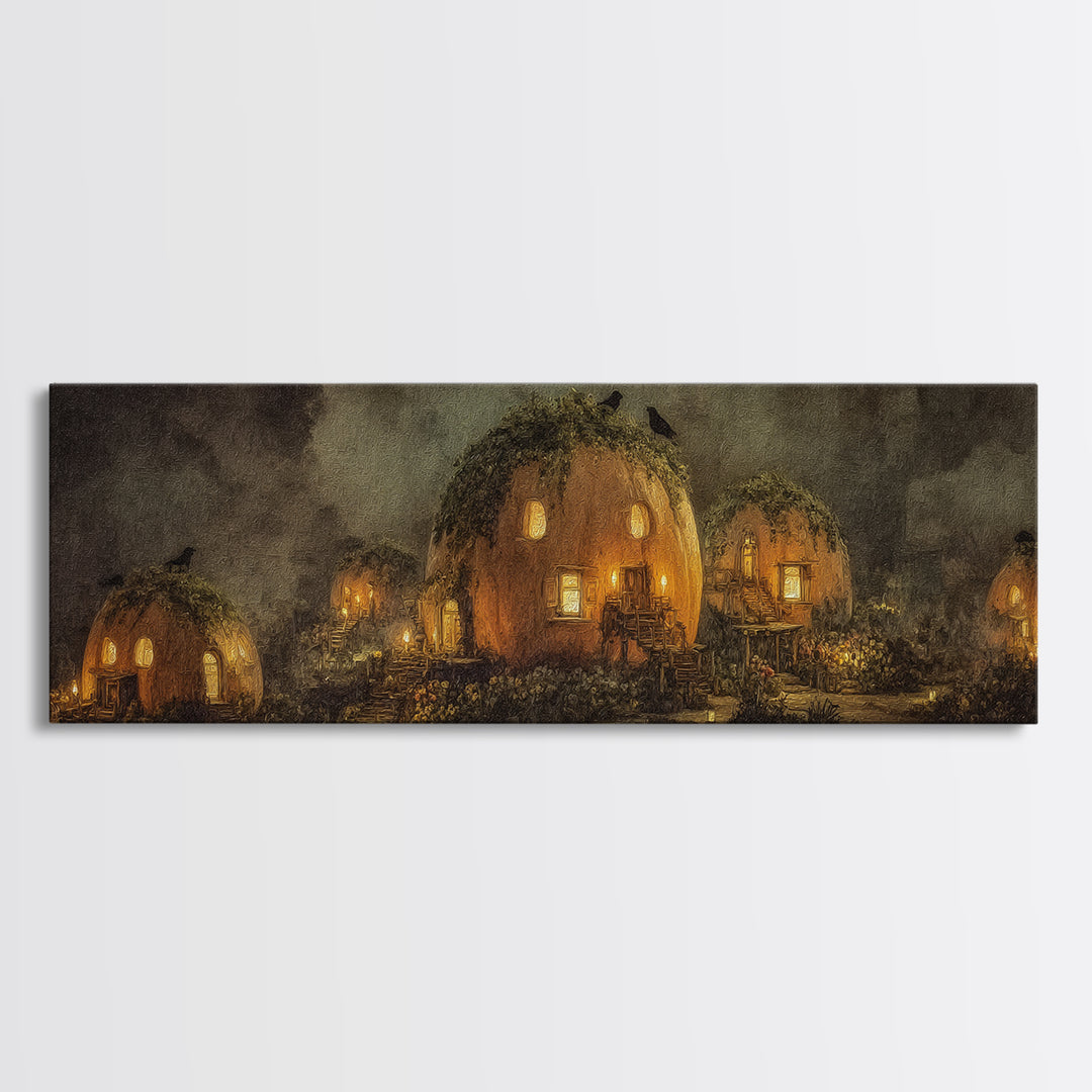 The Pumpkin-House Neighborhood, Symbolist Dream Art, Extra Wide Wall Art, Dark Fantasy Wall Art, Framed Canvas Print, Halloween Decor