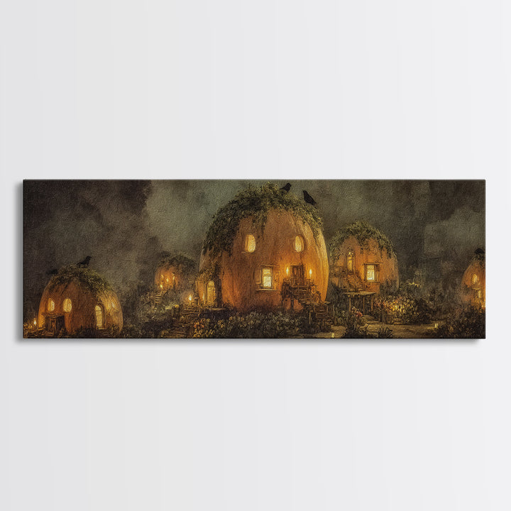 The Pumpkin-House Neighborhood, Symbolist Dream Art, Extra Wide Wall Art, Dark Fantasy Wall Art, Framed Canvas Print, Halloween Decor