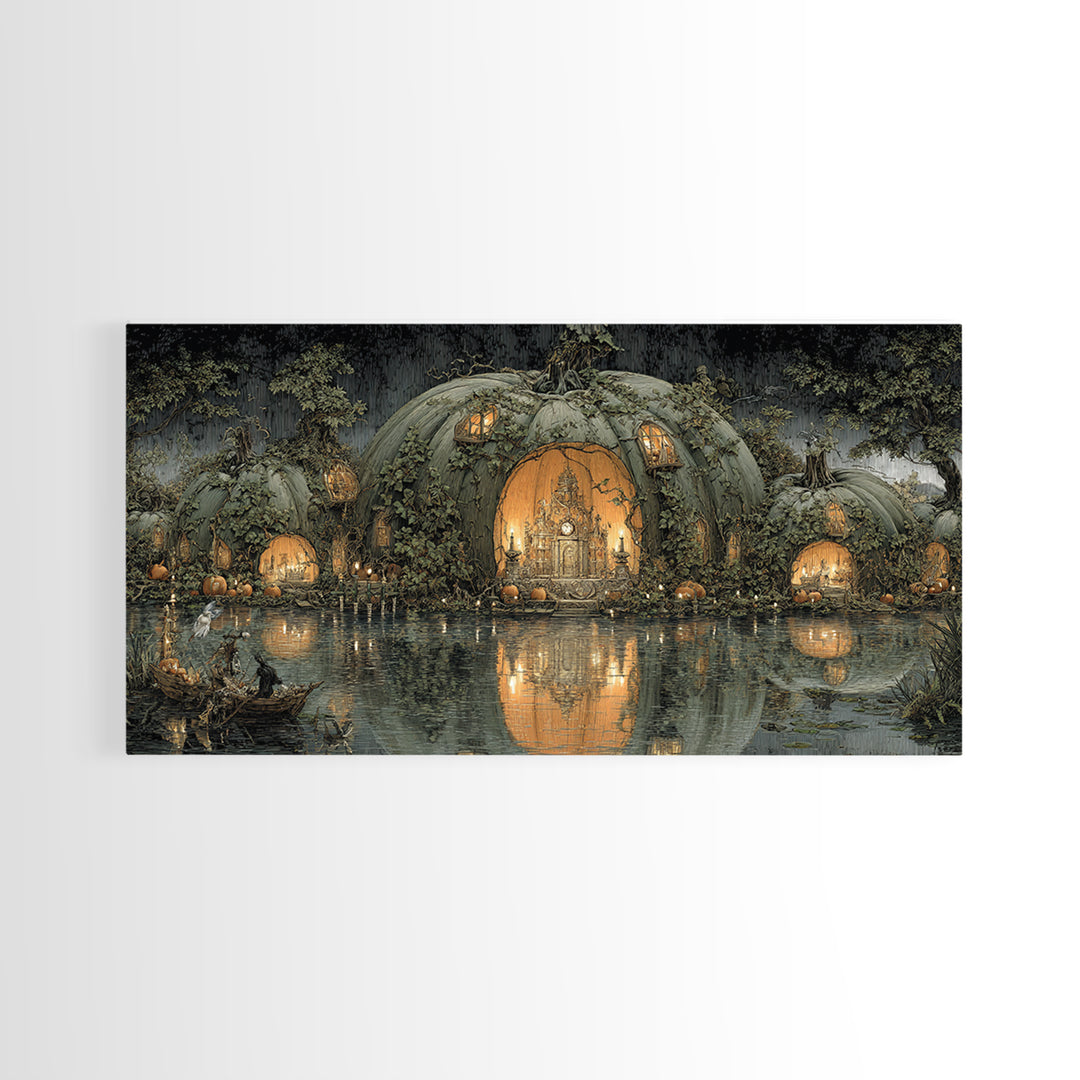 The Pumpkin-House Neighborhood, Symbolist Gothic Landscape, Wide Panoramic Art, Dark Halloween Decor, Canvas Print, Halloween Wall Art