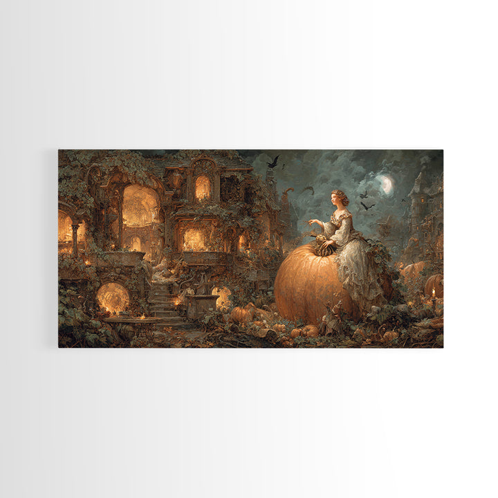 The Pumpkin-House Neighborhood, Ornate Symbolist Art, Wide Panoramic Art, Dark Halloween Decor, Framed Canvas Print
