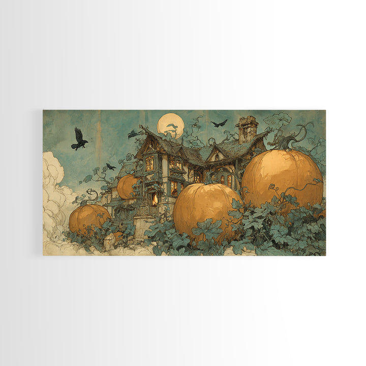 The Pumpkin-House Neighborhood, Decadent Gothic Art, Wide Panoramic Art, Dark Fantasy Wall Art, Framed Canvas Print
