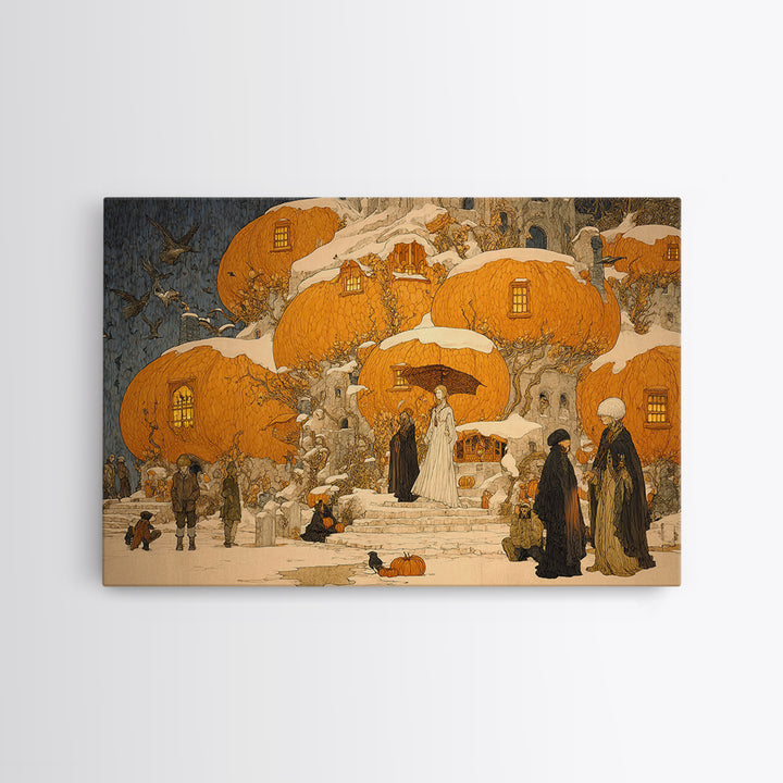 The Pumpkin-House Neighborhood, Symbolist Death Art, Landscape Wall Art, Macabre Wall Art, Framed Canvas Print, Halloween Wall Art