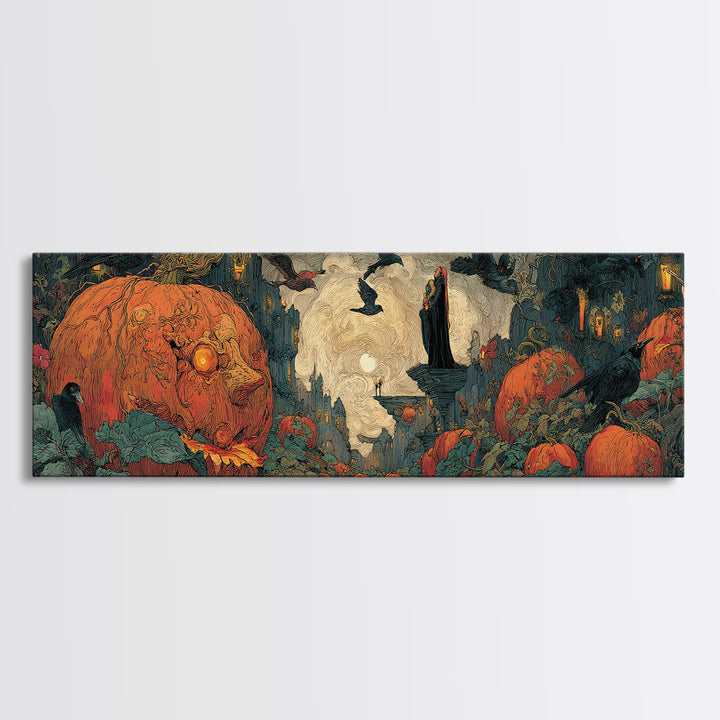 The Pumpkin-House Neighborhood, Dark Symbolist Art, Extra Wide Wall Art, Macabre Wall Art, Framed Canvas Print, Halloween Wall Art