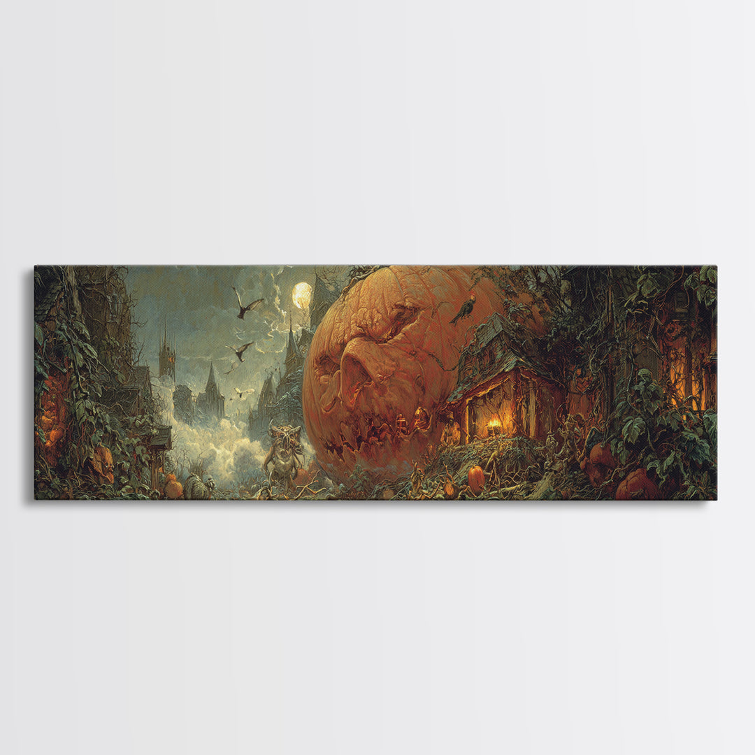 The Pumpkin-House Neighborhood, Symbolist Etching Art, Extra Wide Wall Art, Gothic Horror Wall Art, Framed Canvas Print, Dark Fantasy Art