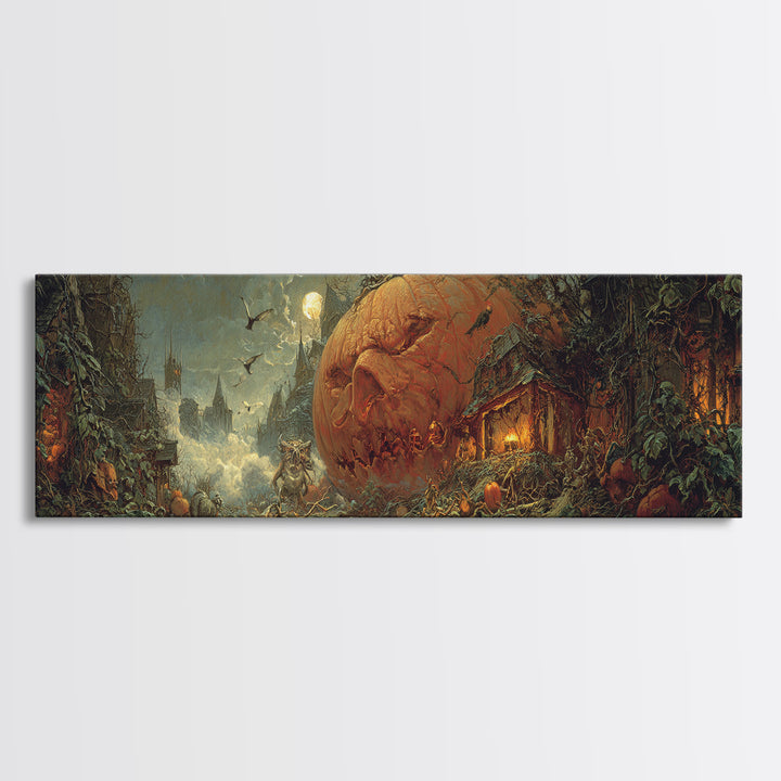 The Pumpkin-House Neighborhood, Symbolist Etching Art, Extra Wide Wall Art, Gothic Horror Wall Art, Framed Canvas Print, Dark Fantasy Art