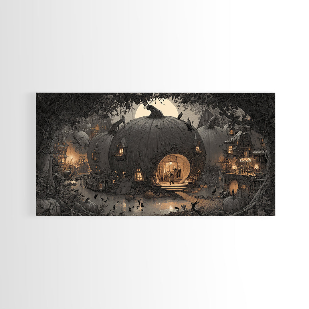 The Pumpkin-House Neighborhood, Expressionist Nightmare Art, Wide Panoramic Art, Gothic Horror Wall Art, Framed Canvas Print