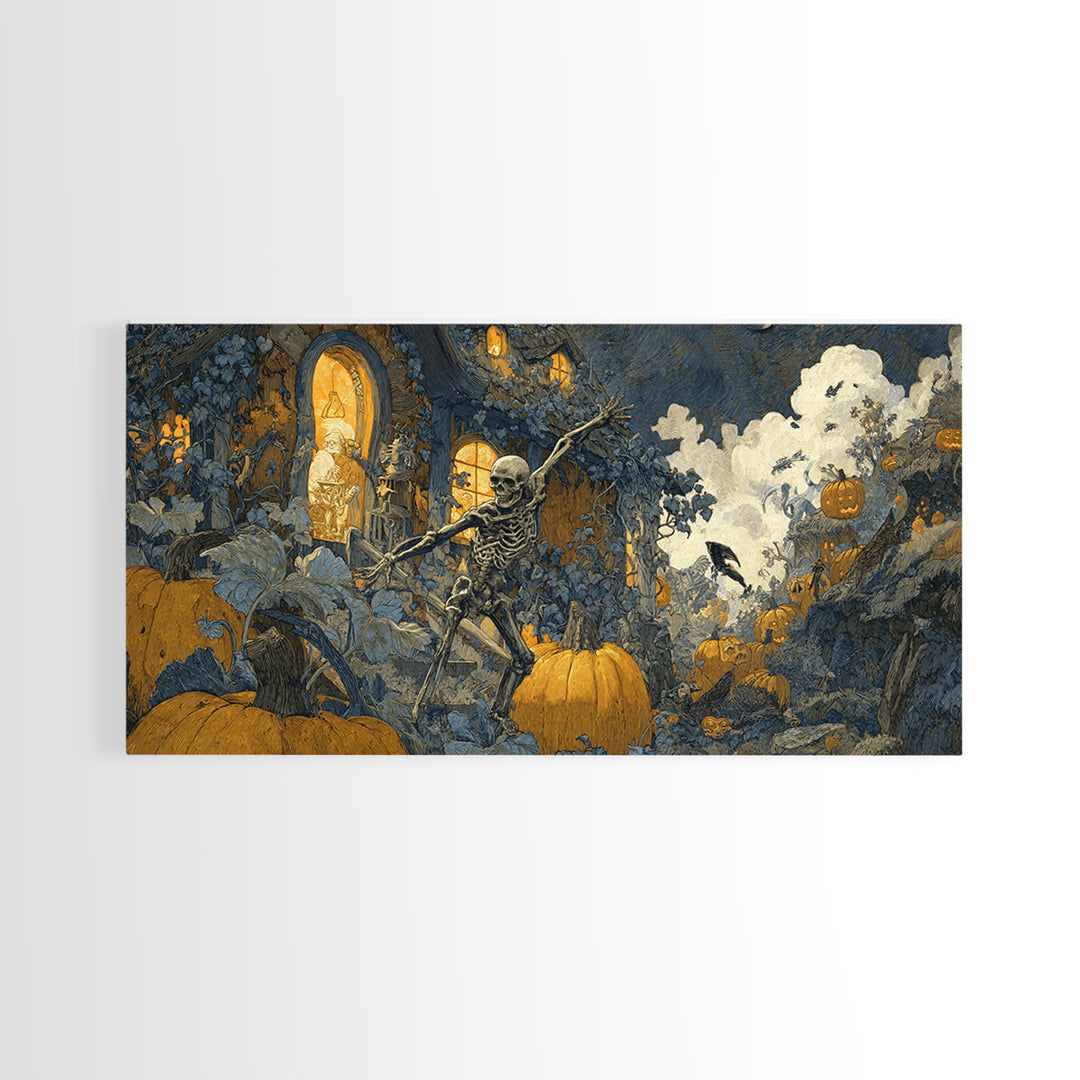 The Pumpkin-House Neighborhood, Grotesque Carnival Art, Wide Panoramic Art, Dark Halloween Decor, Framed Canvas Print, Halloween Wall Art