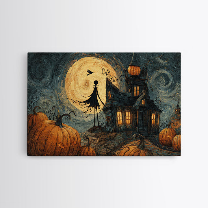 The Pumpkin-House Neighborhood, Expressionist Gothic Art, Landscape Wall Art, Gothic Horror Wall Art, Framed Canvas Print, Dark Fantasy Art