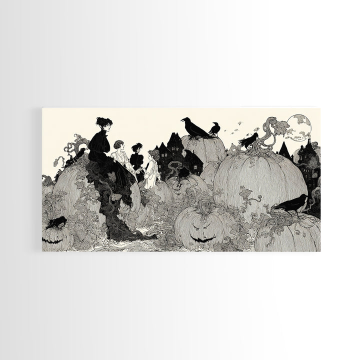 The Pumpkin-House Neighborhood, Decadent Line Art, Wide Panoramic Art, Dark Fantasy Wall Art, Framed Canvas Print