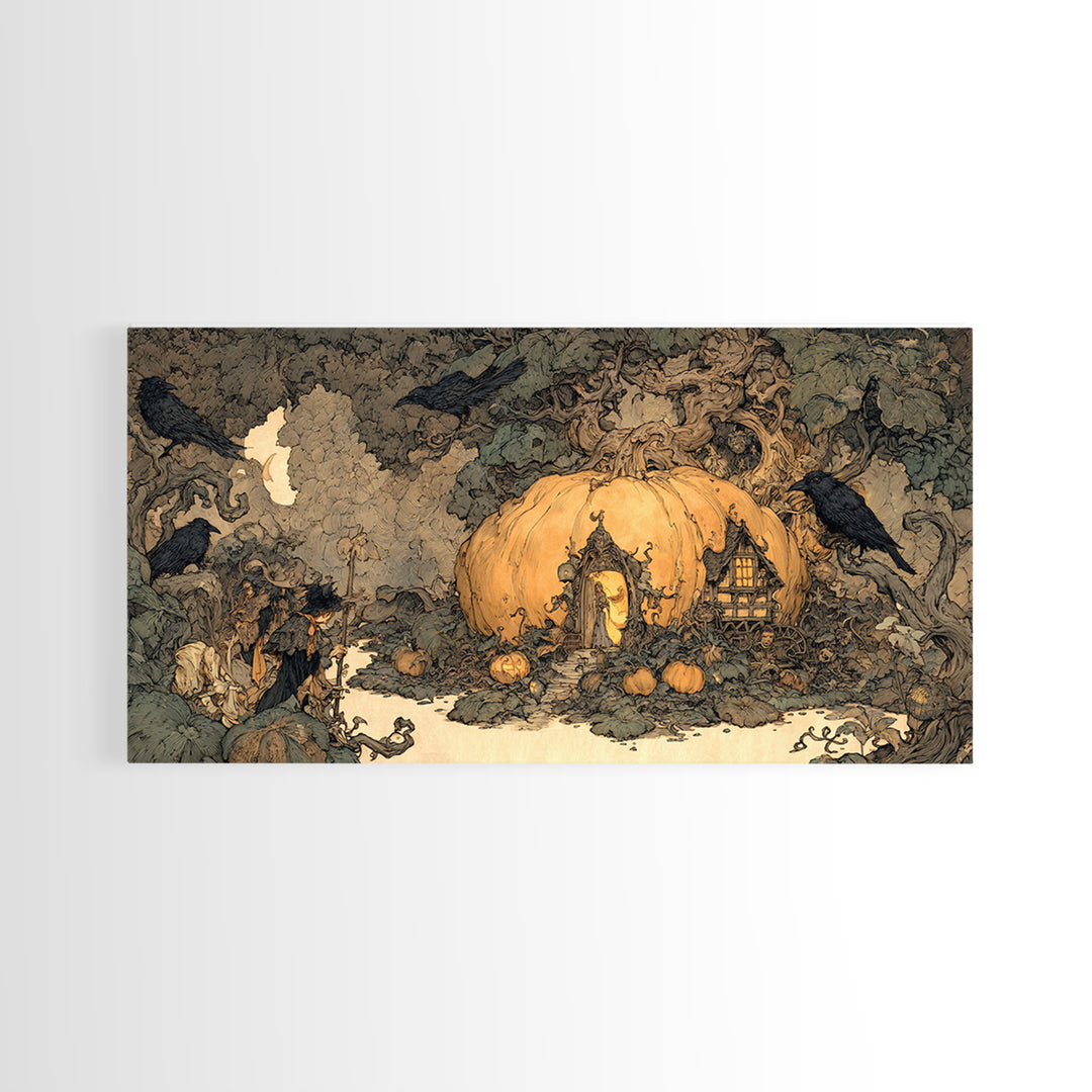 The Pumpkin-House Neighborhood, Gothic Storybook Art, Wide Panoramic Art, Gothic Horror Wall Art, Framed Canvas Print