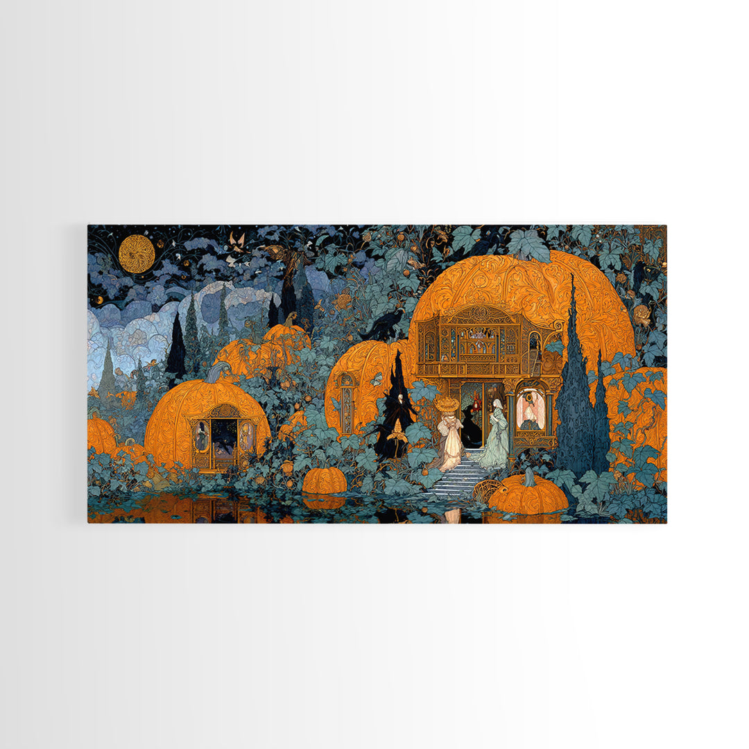 The Pumpkin-House Neighborhood, Stained Glass Gothic Art, Wide Panoramic Art, Dark Halloween Decor, Framed Canvas Print, Halloween Wall Art