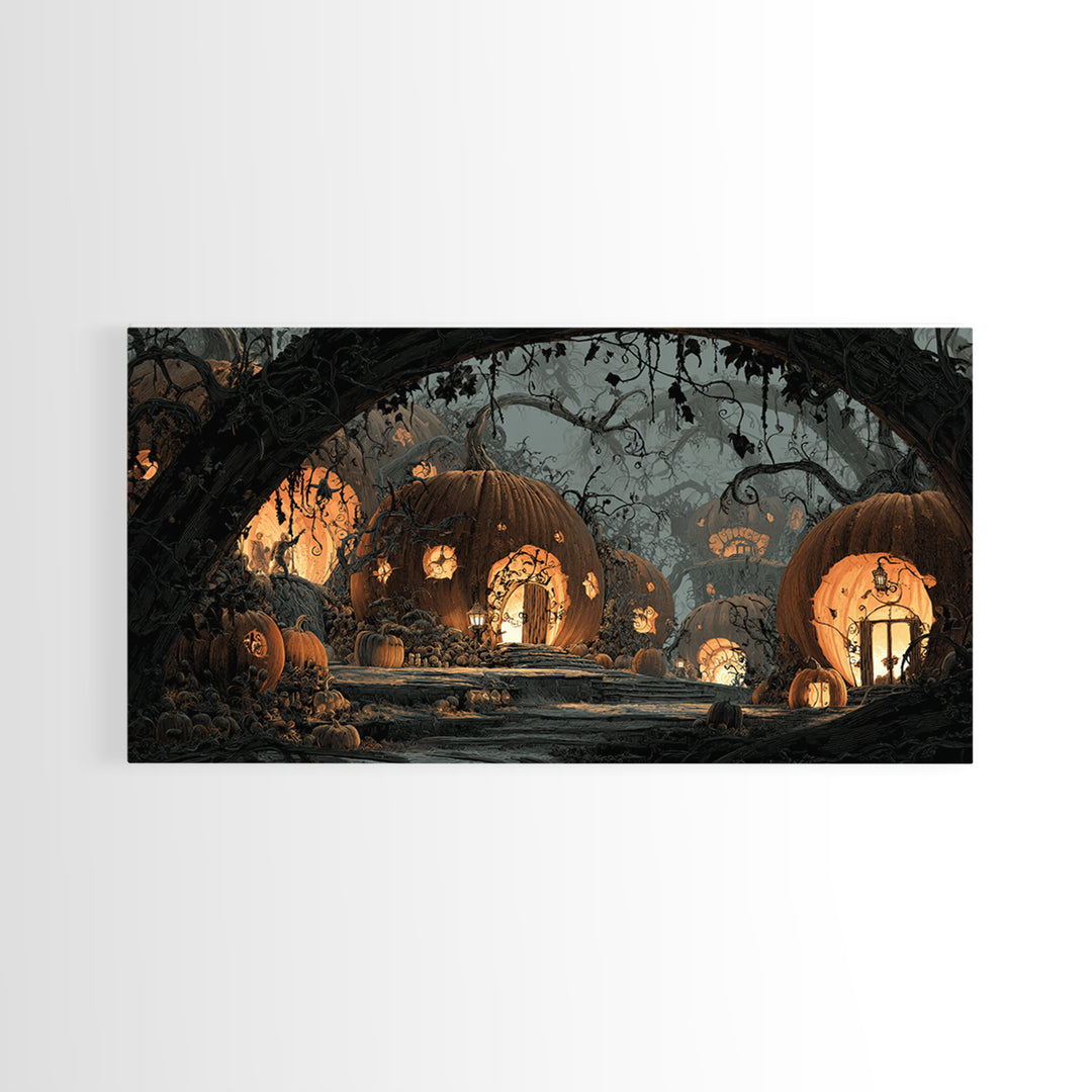 The Pumpkin-House Neighborhood, Macabre Folk Print Art, Wide Panoramic Art, Macabre Wall Art, Framed Canvas Print