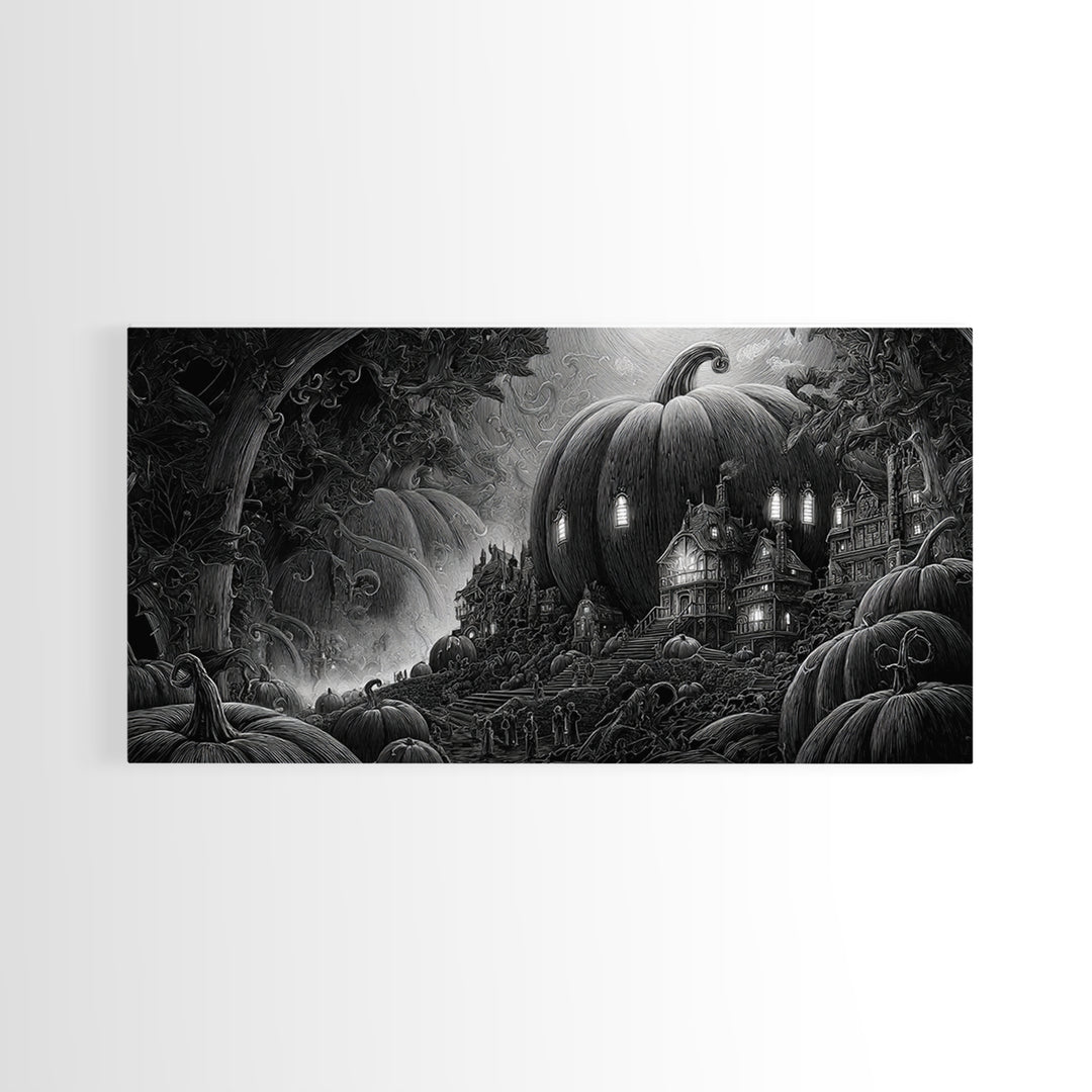 The Pumpkin-House Neighborhood, Biomechanical Horror Art, Wide Panoramic Art, Dark Halloween Decor, Framed Canvas Print, Halloween Wall Art