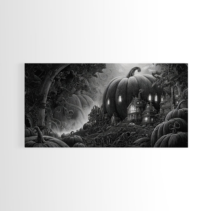 The Pumpkin-House Neighborhood, Biomechanical Horror Art, Wide Panoramic Art, Dark Halloween Decor, Framed Canvas Print, Halloween Wall Art