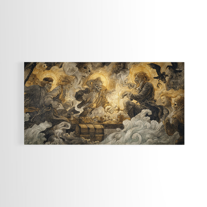 The Ghost Pirate Picnic, Dark Renaissance Art, Wide Panoramic Art, Dark Fantasy Wall Art, Canvas Print, Halloween Wall Art